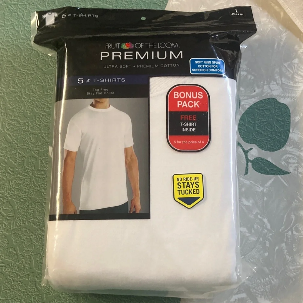 NWT. Fruit of the Loom Premium White T-Shirt Set. Size Large. Pack Of 5. - Picture 1 of 3